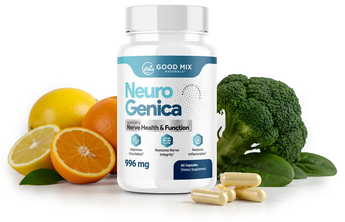 NeuroGenica bottle shown with citrus fruit and leafy greens representing ingredient sourcing